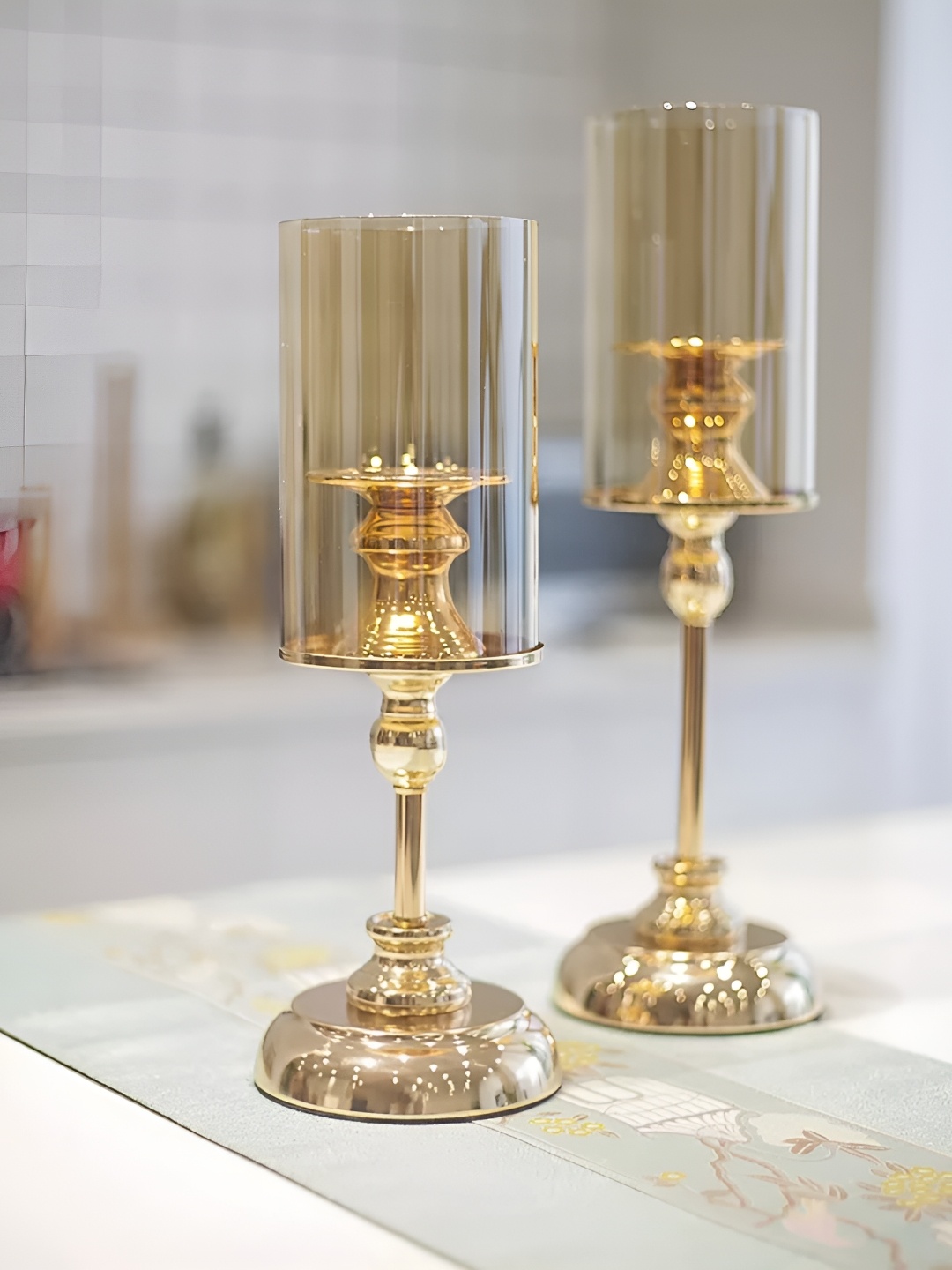 

Samara Home Gold Toned & Transparent 2 Pieces Textured Crystal Candle Holder