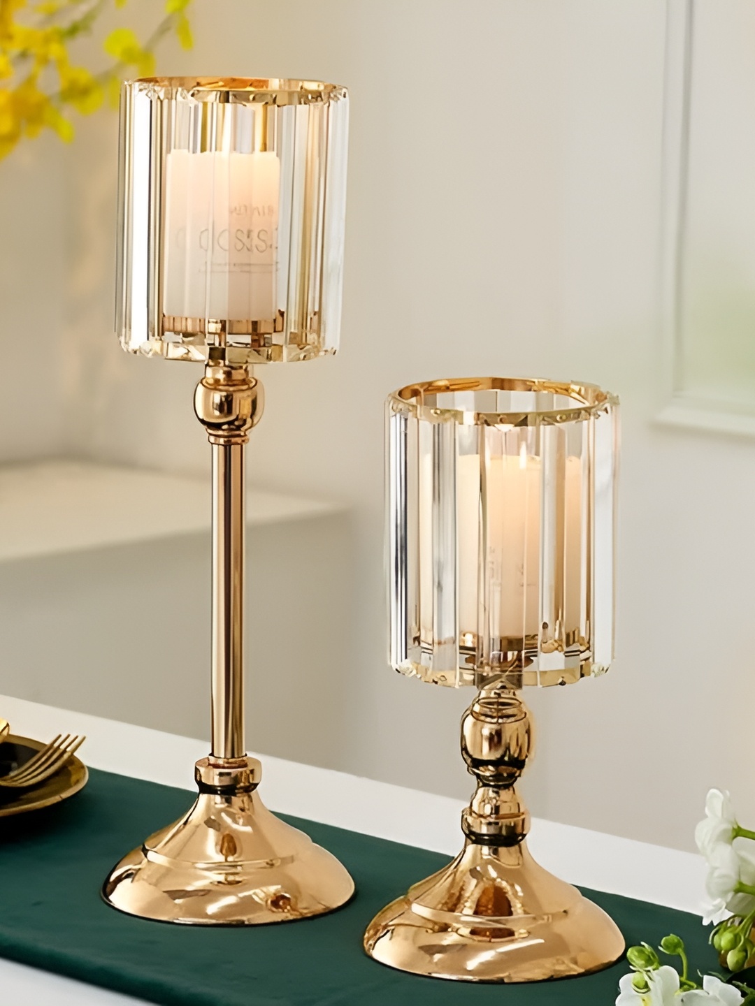 

Samara Home Gold Toned & Transparent 2 Pieces Textured Crystal Candle Holder