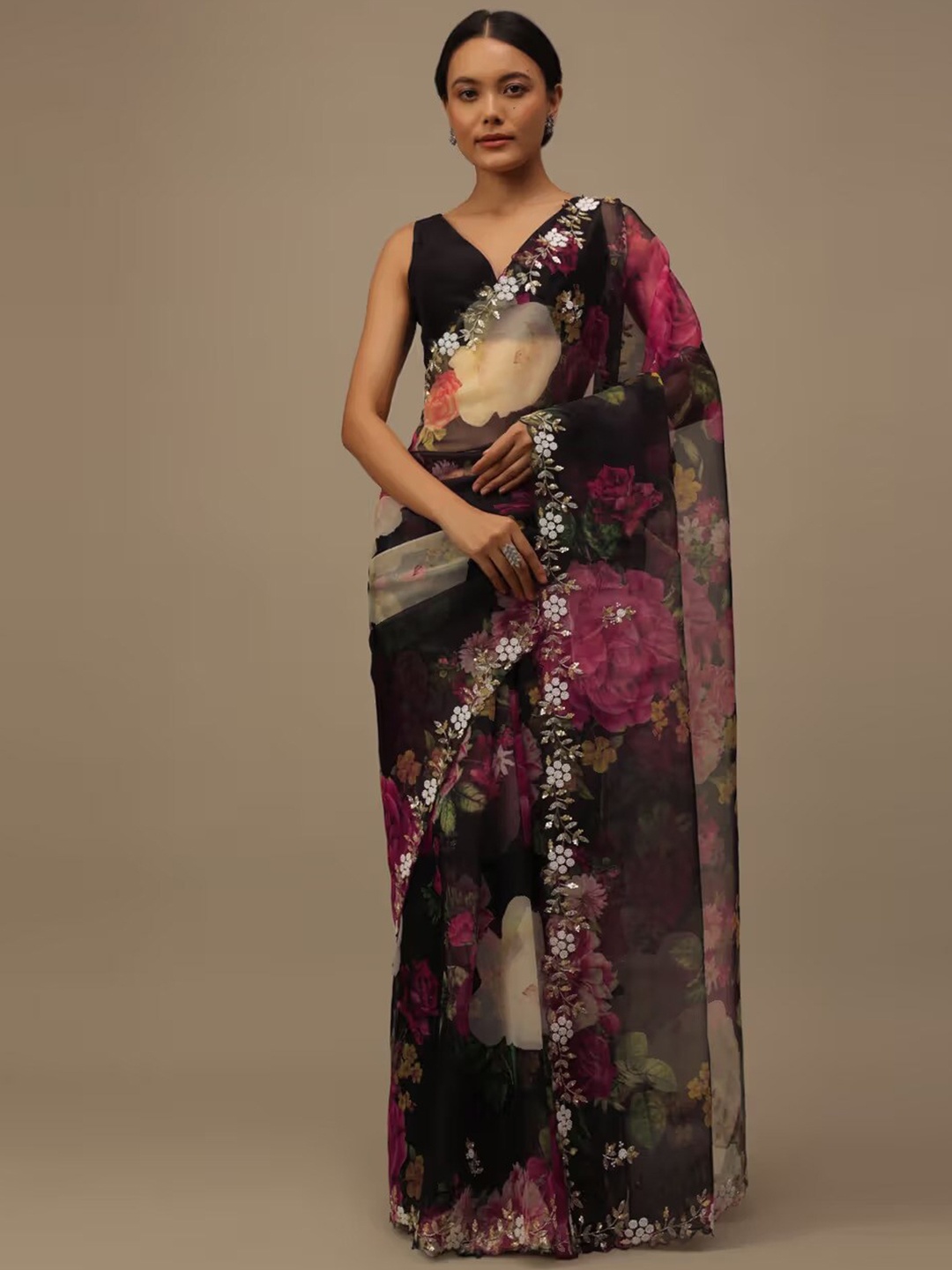 

Ekasya Floral Embroidered Organza Party Saree, Black