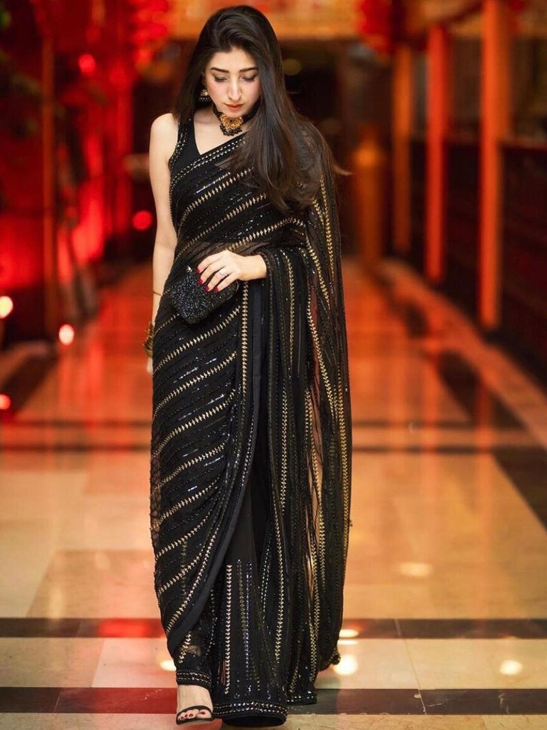 

Ekasya Embellished Party Wear Saree, Black