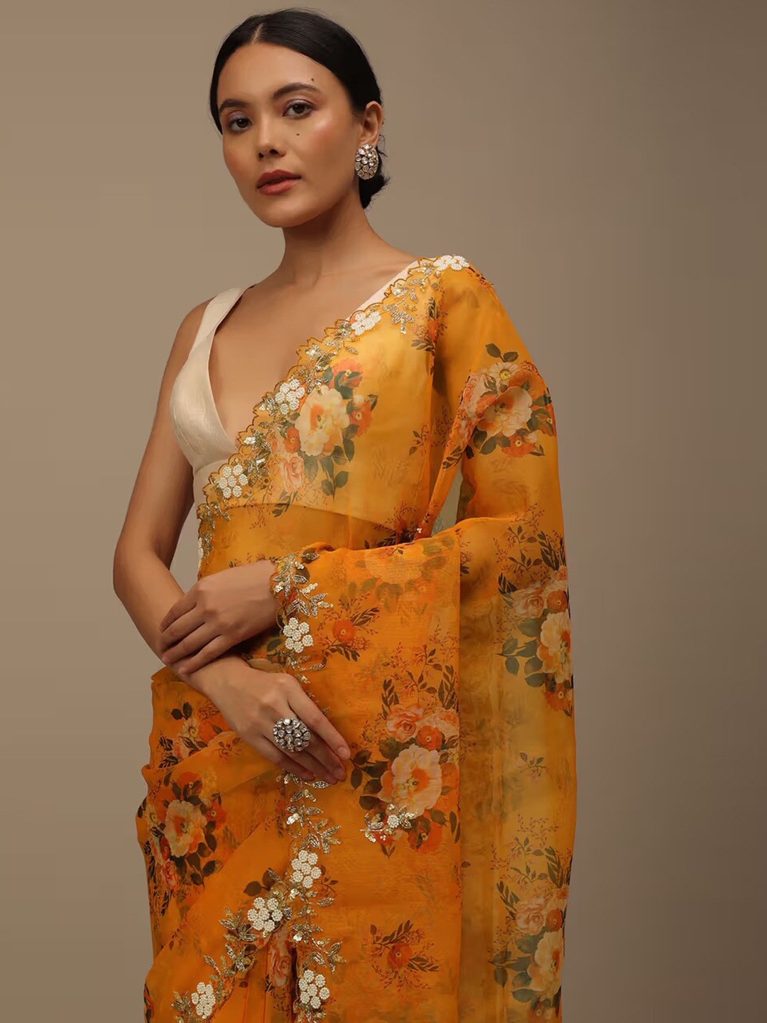 

Ekasya Floral Embroidered Organza Party Saree, Yellow