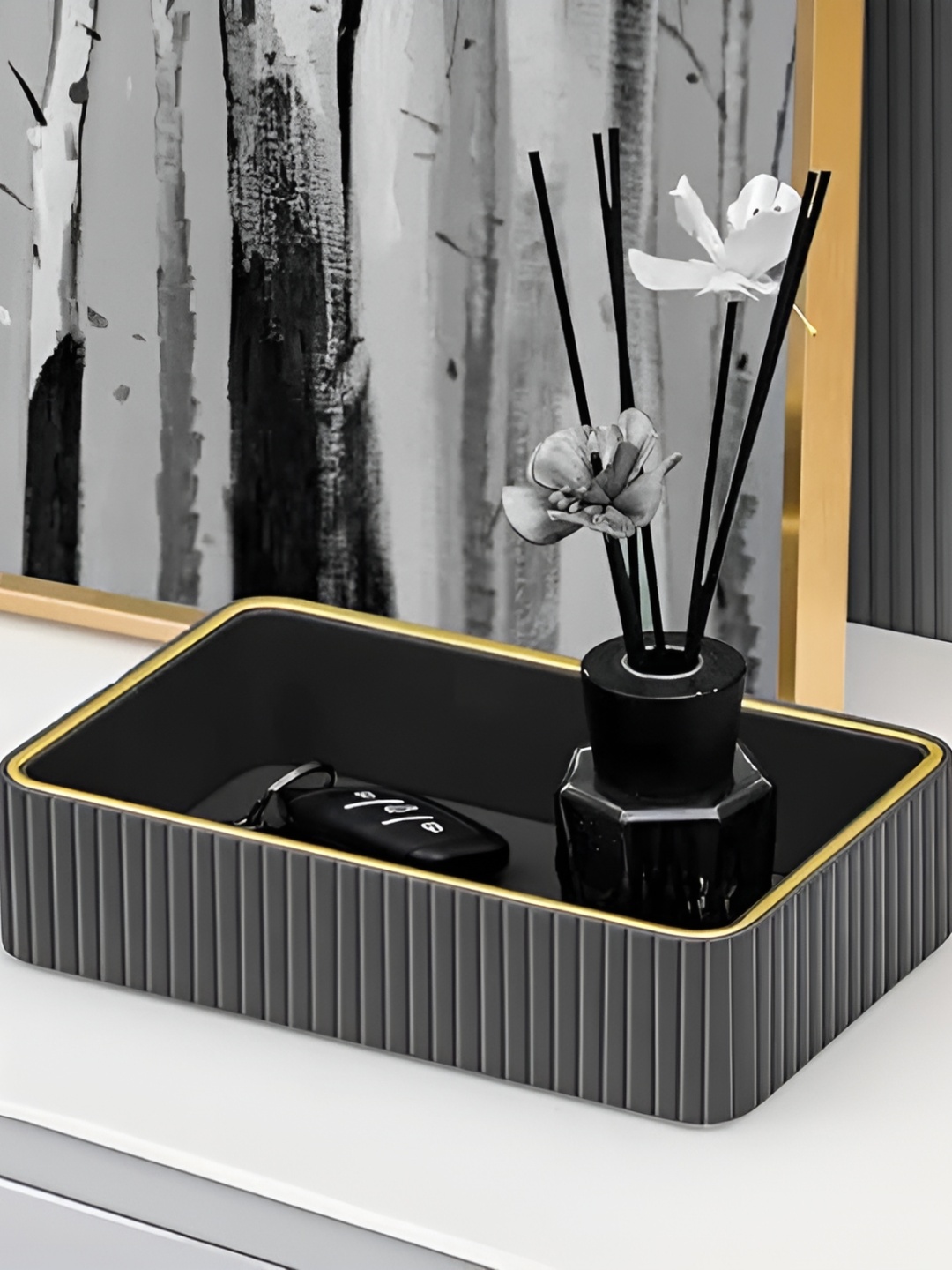 

Samara Home Grey & Gold Toned Textured Rectangle Tray