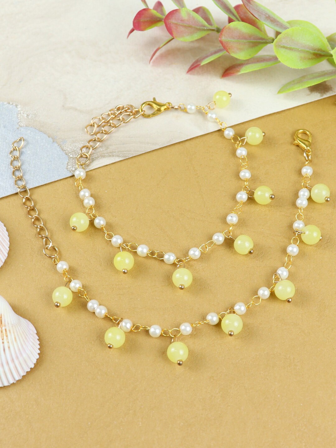 

Asthetika Kids Girls Set Of 2 Beaded Anklets, Yellow
