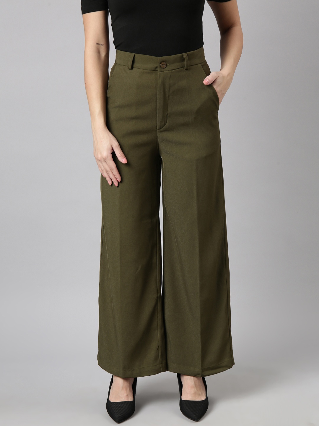 

SHOWOFF Mid-Rise Regular Fit Cotton Comfort Parallel Trousers, Olive