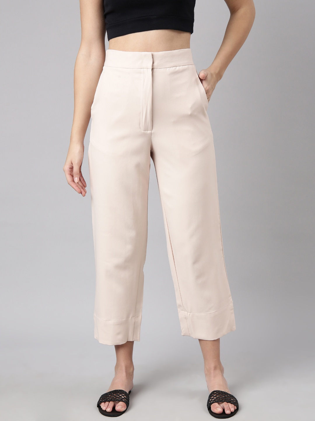 

SHOWOFF Mid-Rise Cotton Comfort Straight Fit Trousers, Cream