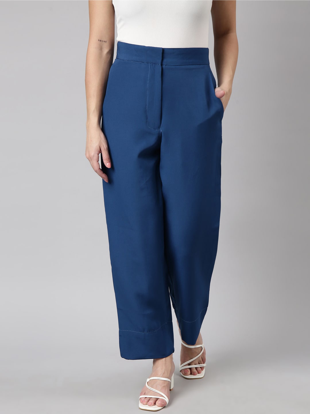 

SHOWOFF Women Comfort Cotton Mid Rise Straight Fit Trouser, Teal