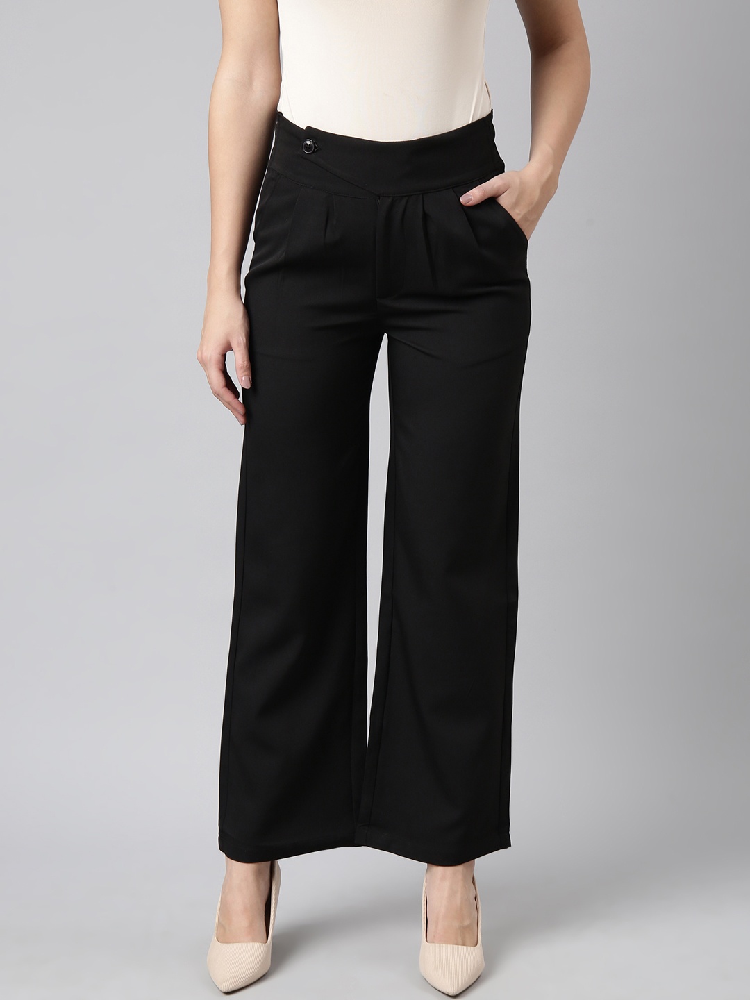 

SHOWOFF Mid-Rise Regular Fit Cotton Comfort Pleated Parallel Trousers, Black