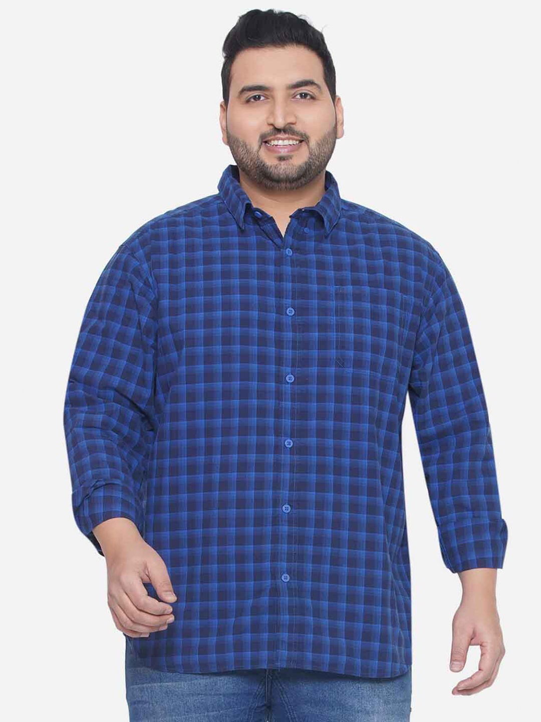 

Santonio Plus Size Classic Tartan Checked Cotton Casual Shirt, Blue