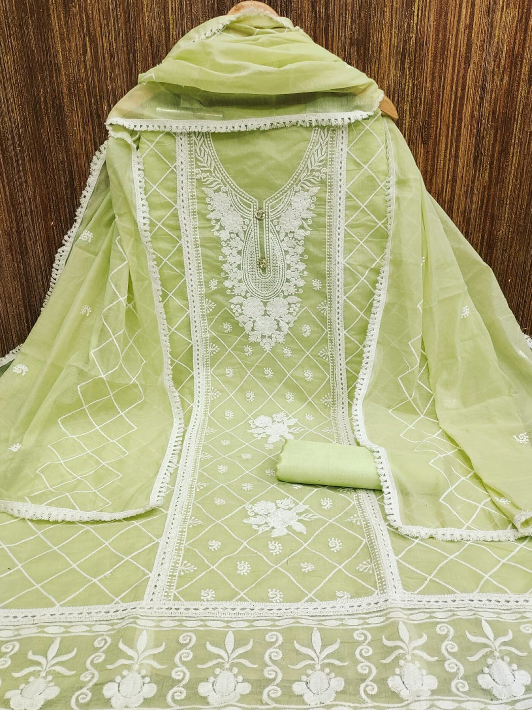 

LeeliPeeri Designer Floral Embroidered Unstitched Dress Material, Lime green