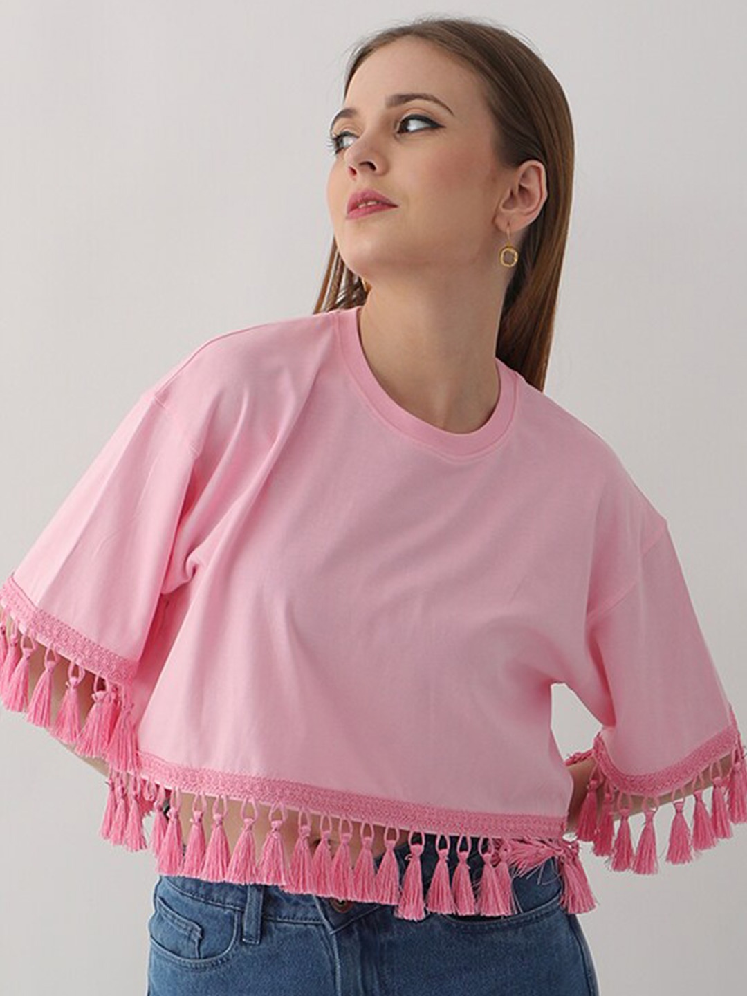 

VYVE Cotton Tassel Oversized Crop Top, Pink