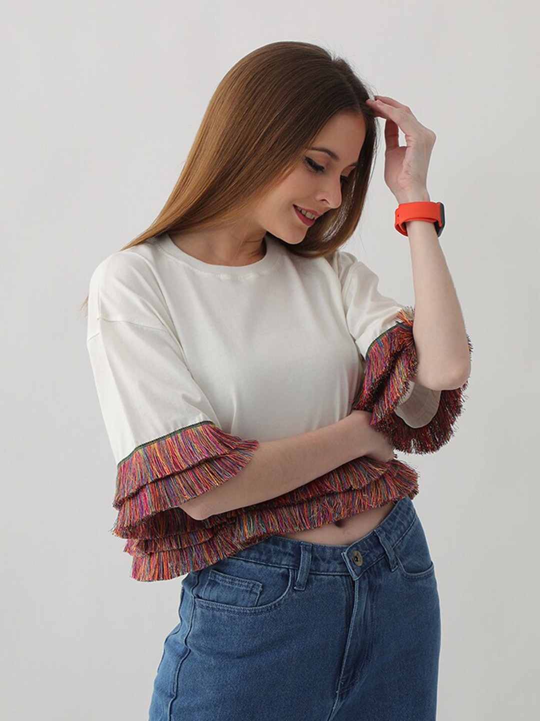

VYVE Cotton Fringed Oversized Crop Top, Off white