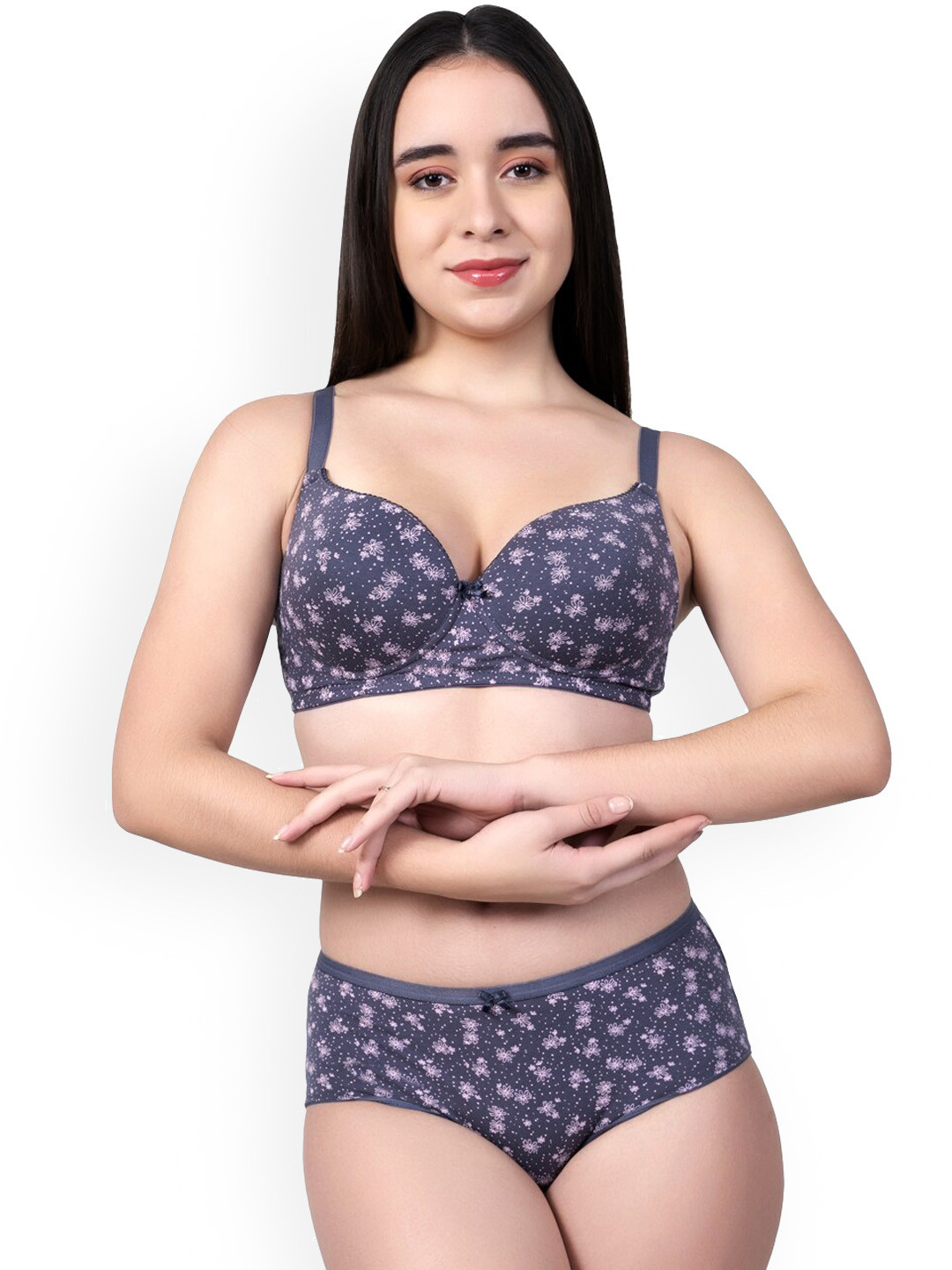 

Eve's Beauty Floral Printed Lightly Padded Non-Wired Cotton Lingerie Set, Navy blue
