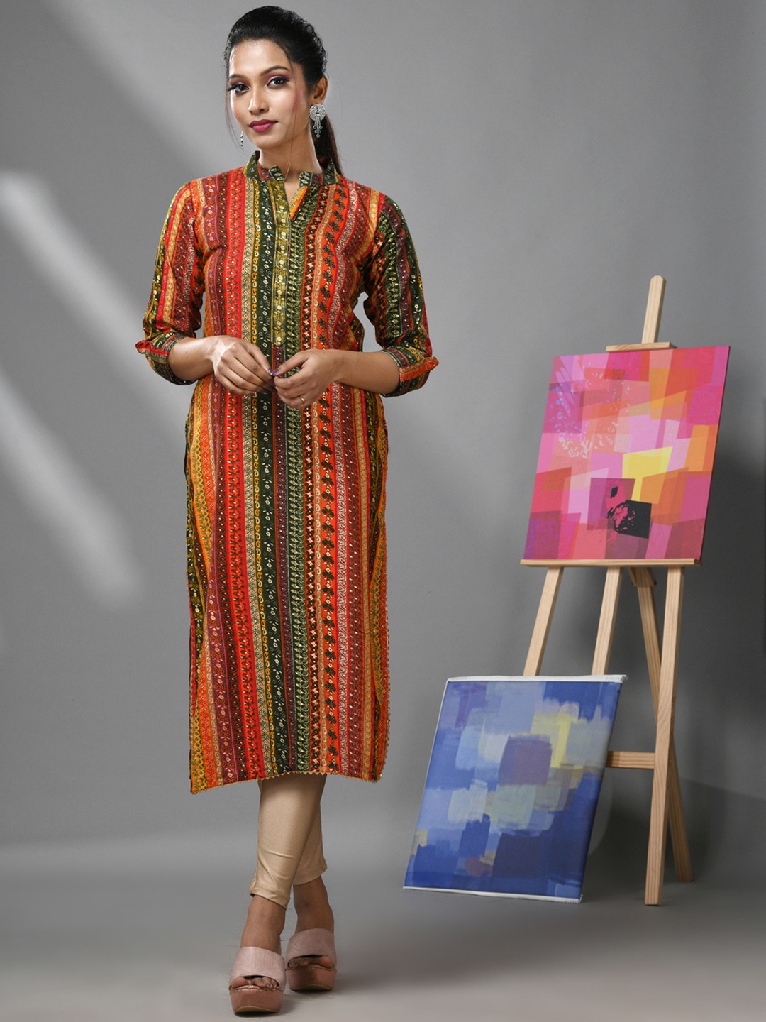 

Charukriti Floral Printed Mandarin Collar Gotta Patti Viscose Rayon A-Line Kurta, Orange
