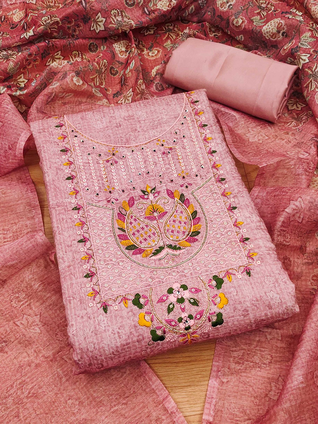 

KALINI Floral Embroidered Unstitched Dress Material, Pink