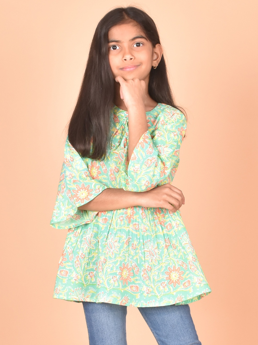 

BAESD Kids-Girls Floral Print Cotton Tie-Up Neck Bell Sleeves A-Line Top, Green