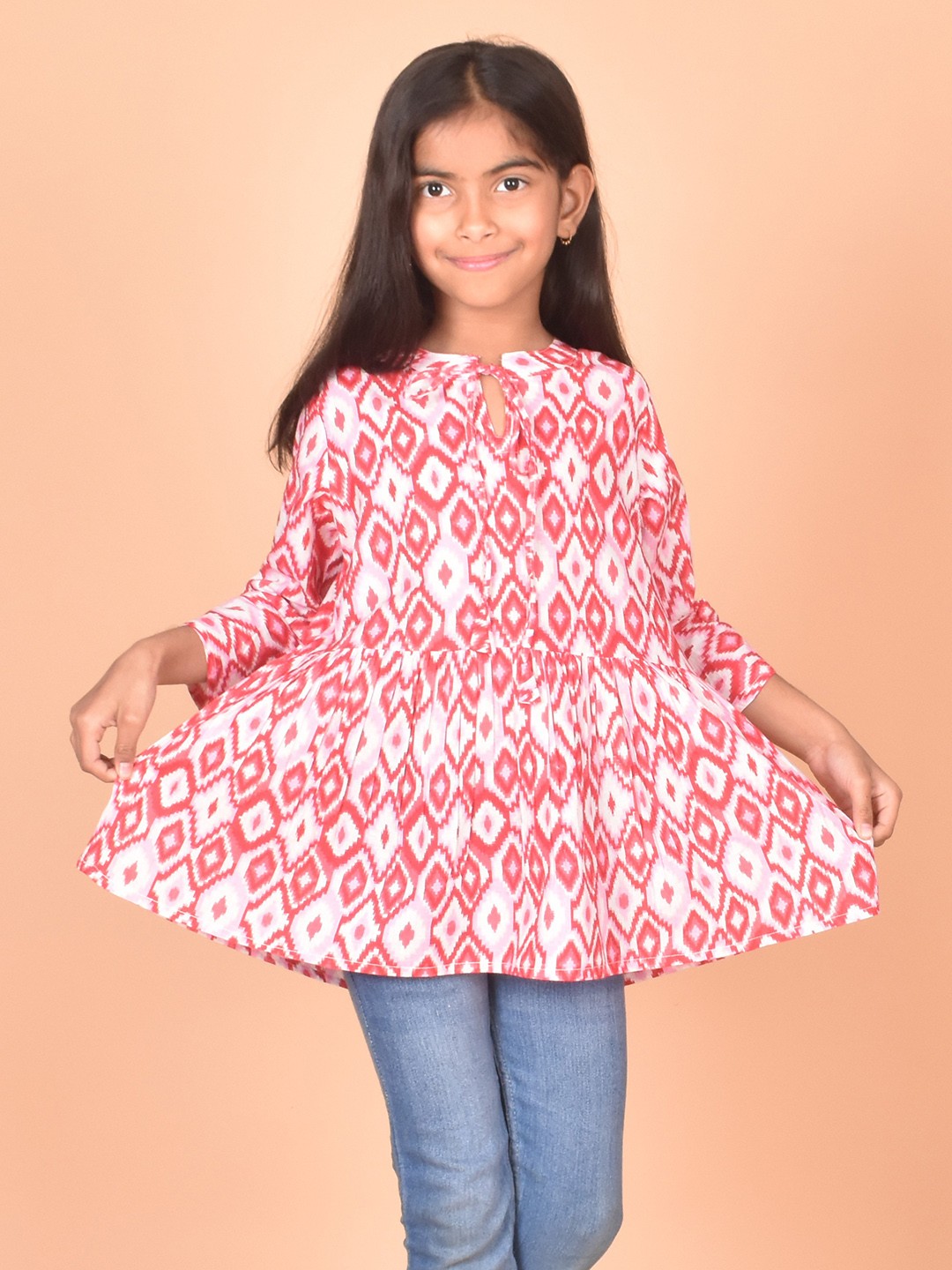 

BAESD Girls Geometric Printed Tie-Up Neck Cotton Top, Pink