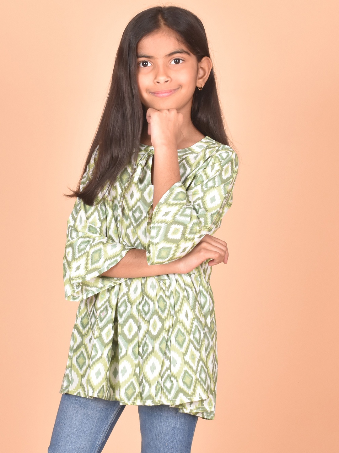

BAESD Girls Geometric Print Keyhole Neck Tie-Ups Cotton A-Line Top, Green