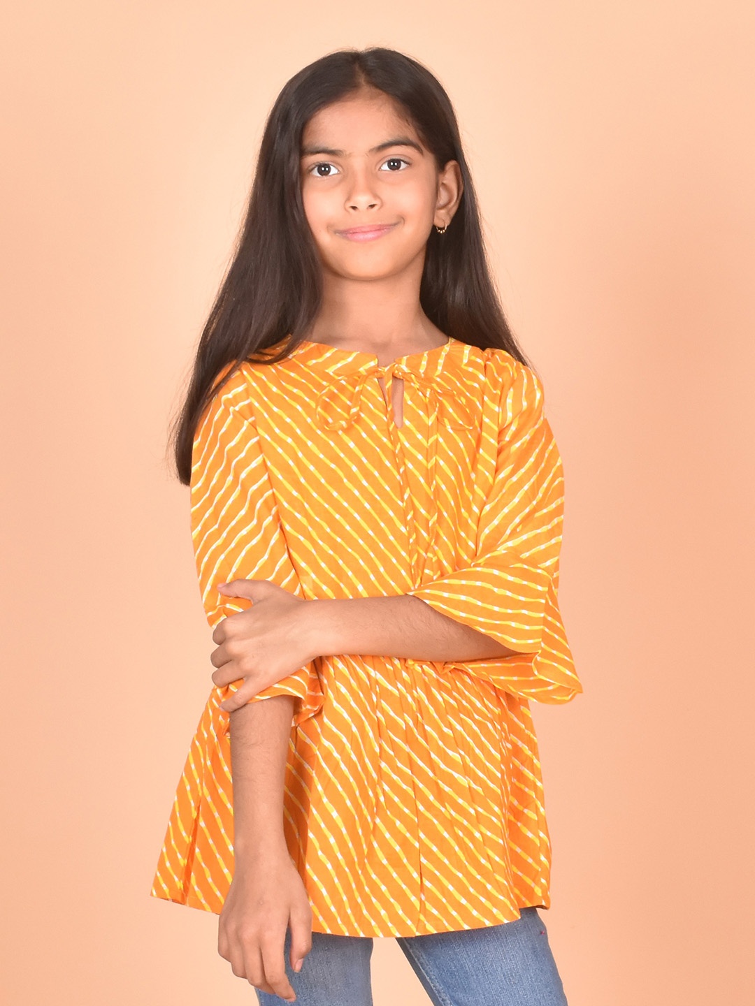 

BAESD Kids-Girls Geometric Print Cotton Tie-Up Neck Bell Sleeves A-Line Top, Orange