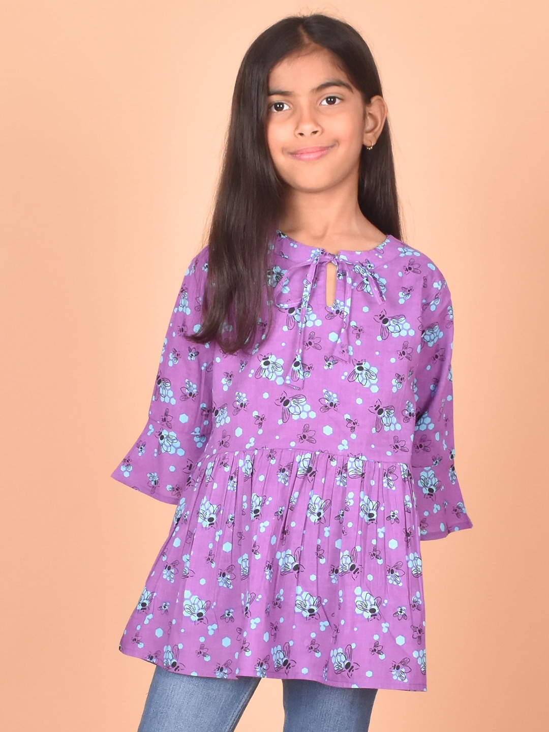 

BAESD Girls Floral Printed Tie-Up Neck Bell Sleeve Cotton Empire Top, Purple