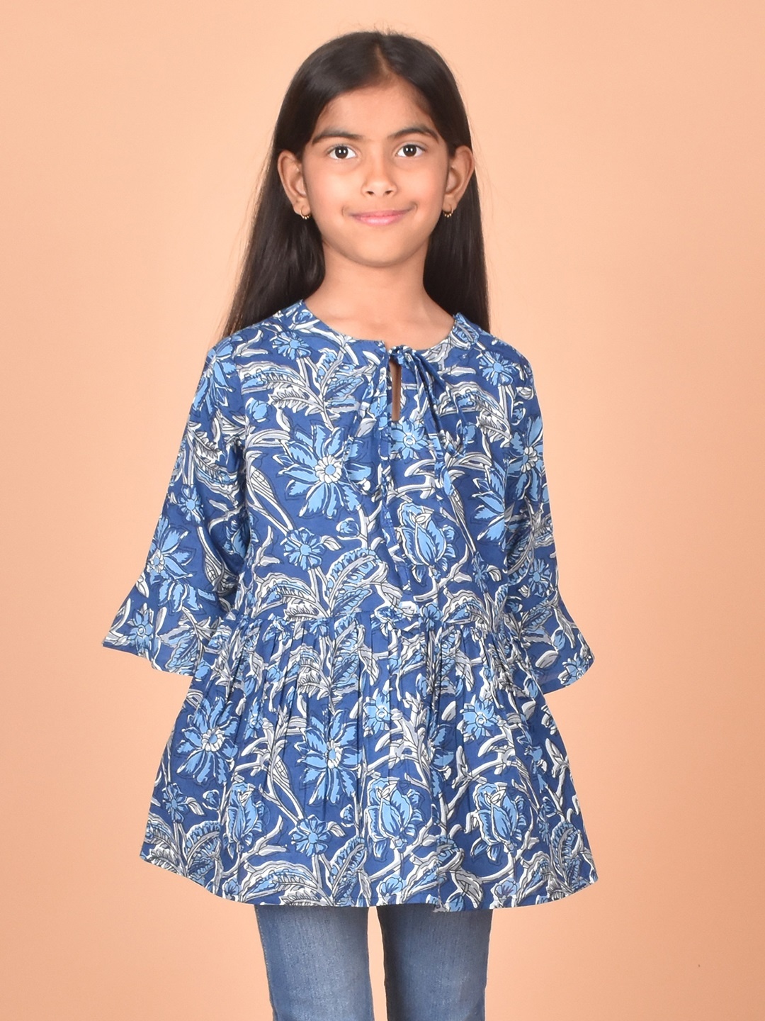 

BAESD Girls Floral Printed Tie-Up Neck Bell Sleeve Cotton A-Line Top, Blue