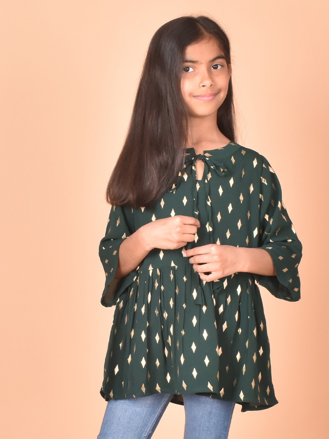 

BAESD Girls Polka Dot Print Keyhole Neck Regular Sleeves Cinched Waist Top, Green