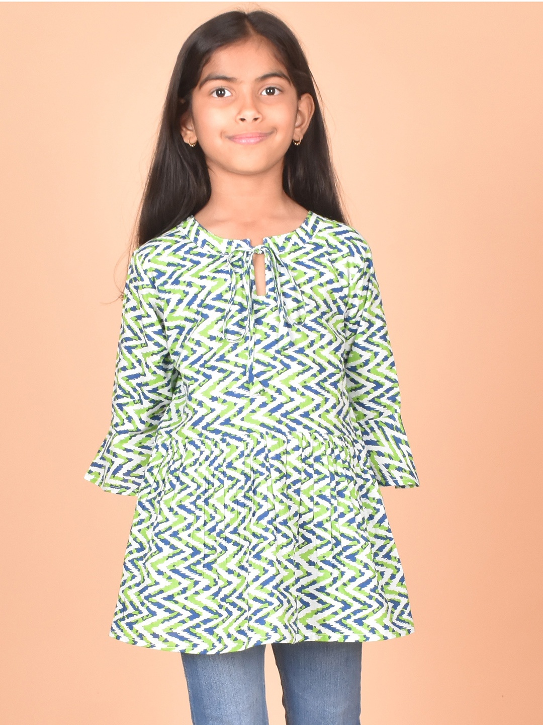 

BAESD Girls Printed Tie-Up Neck Bell Sleeve Rayon A-Line Top, Green