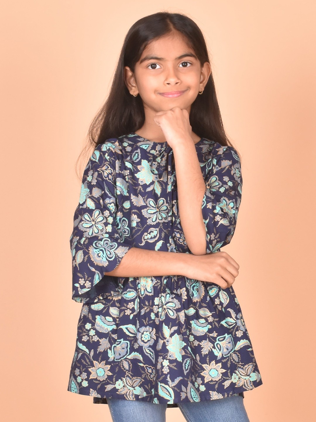 

BAESD Girls Floral Printed Round Neck Peplum Opaque Casual Top, Blue