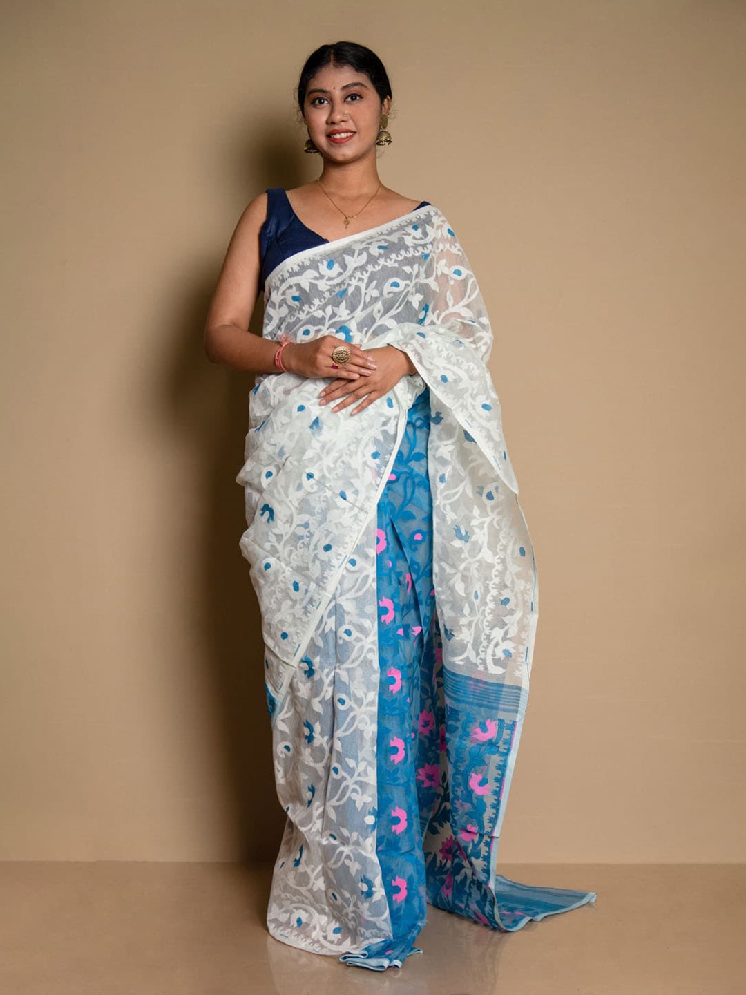 

SARIKA Woven Design Pure Cotton Half and Half Jamdani Saree, White