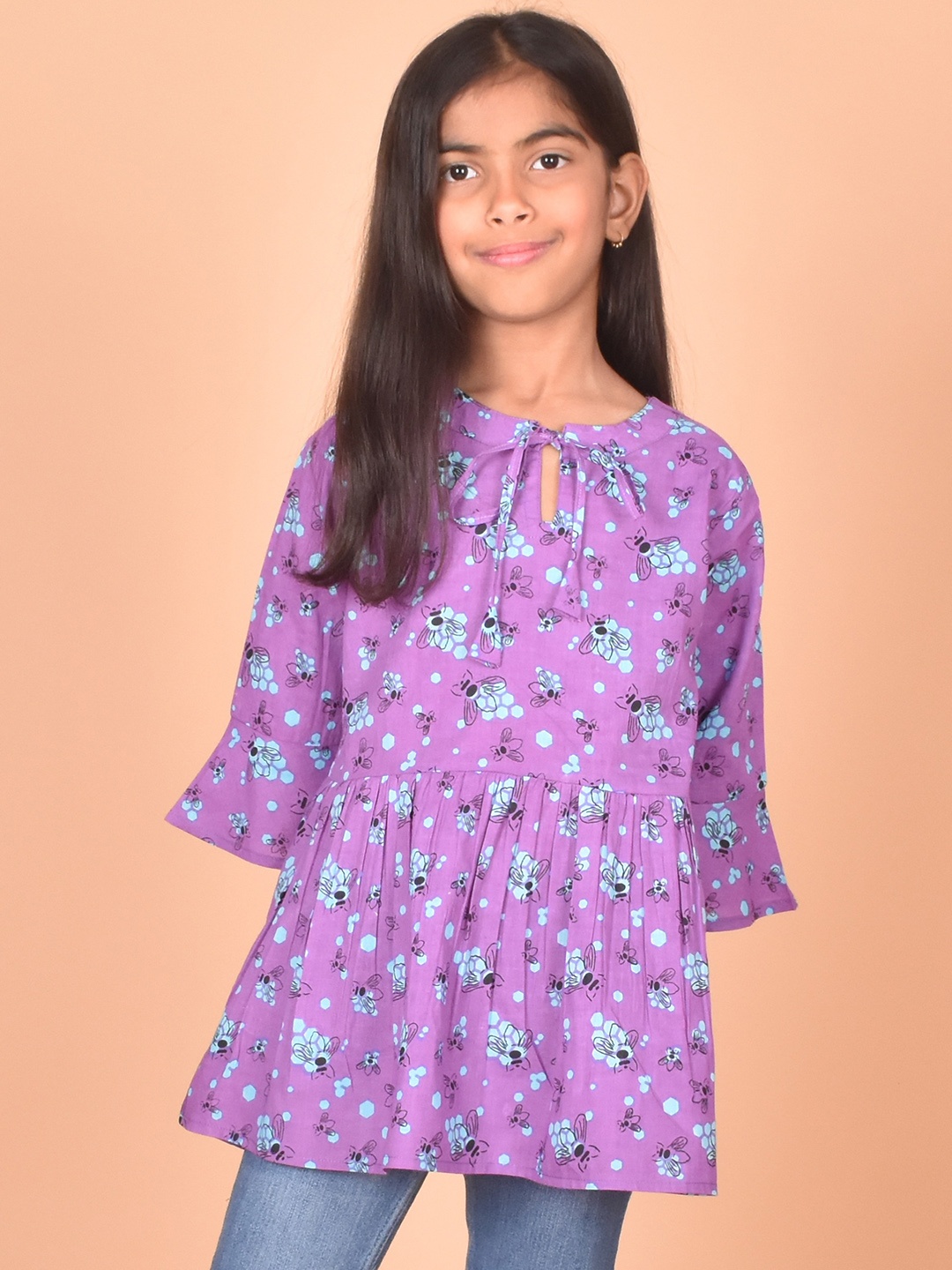 

misbis Girls Floral Printed Tie-Up Neck Cotton Top, Purple