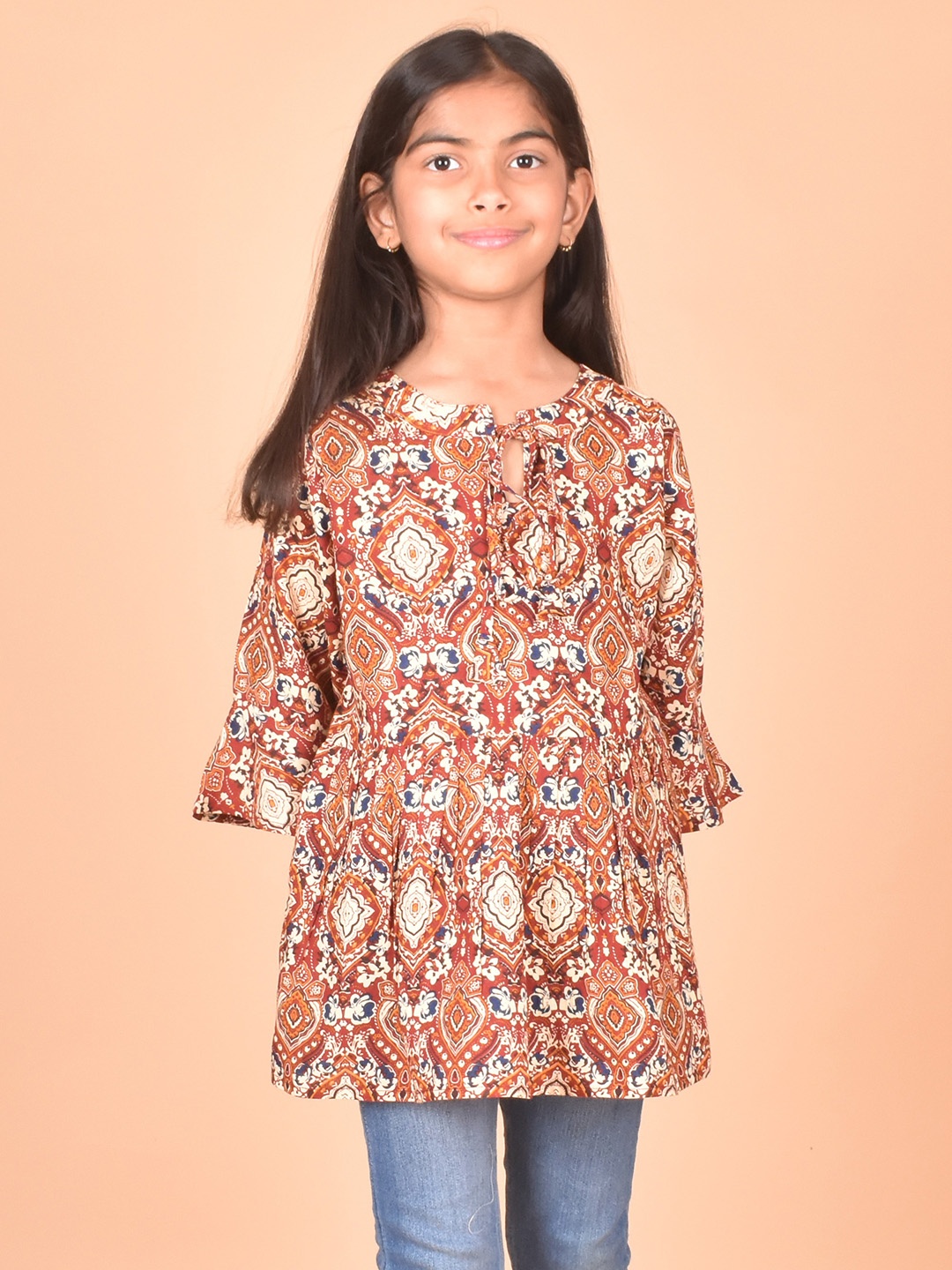 

misbis Printed Tie-Up Neck Bell Sleeve Flared hem Cotton Peplum Top, Multi