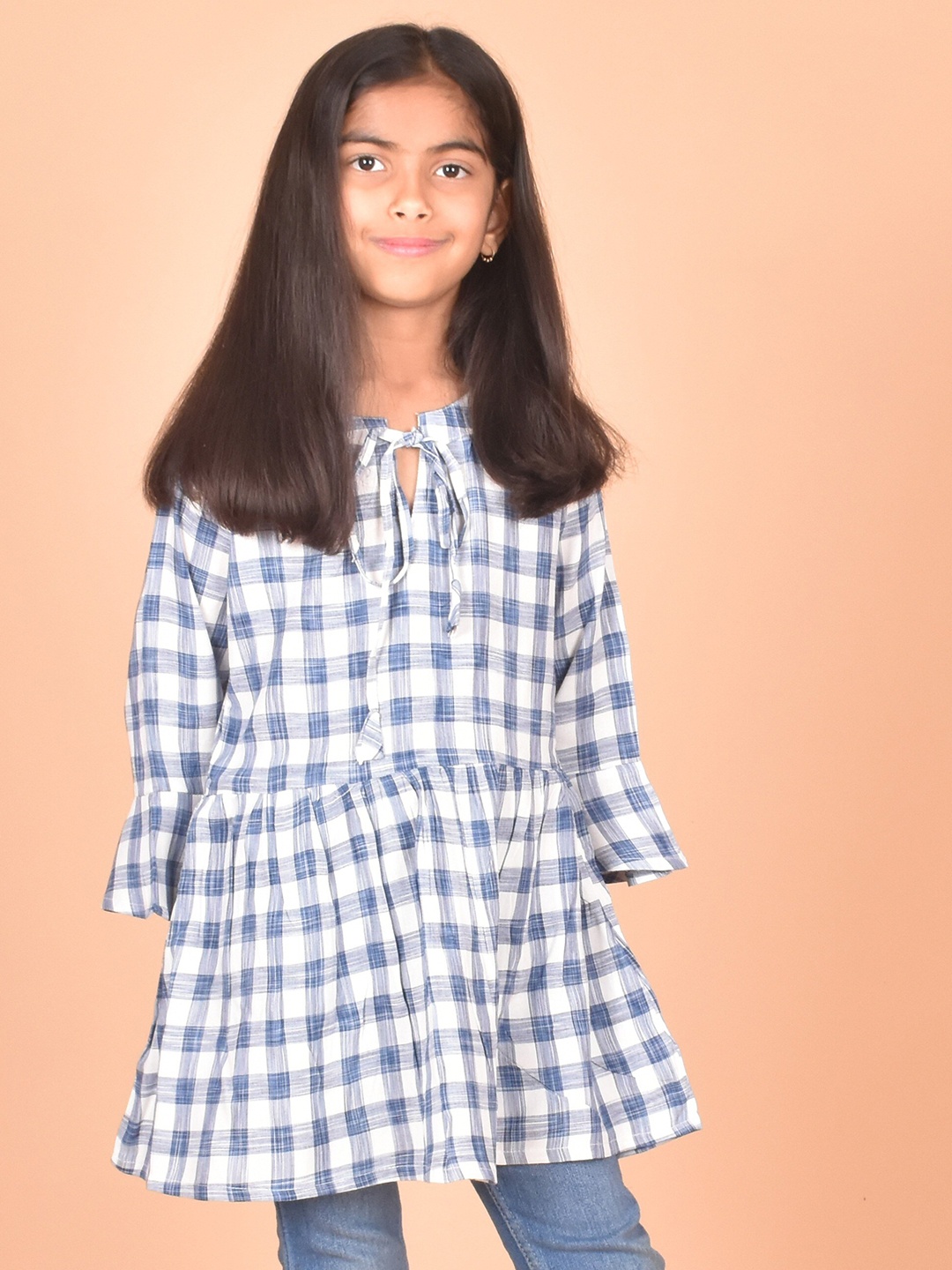 

misbis Girl's Checked Printed Keyhole Neck Bell Sleeves Tie-Ups Cotton Top, White