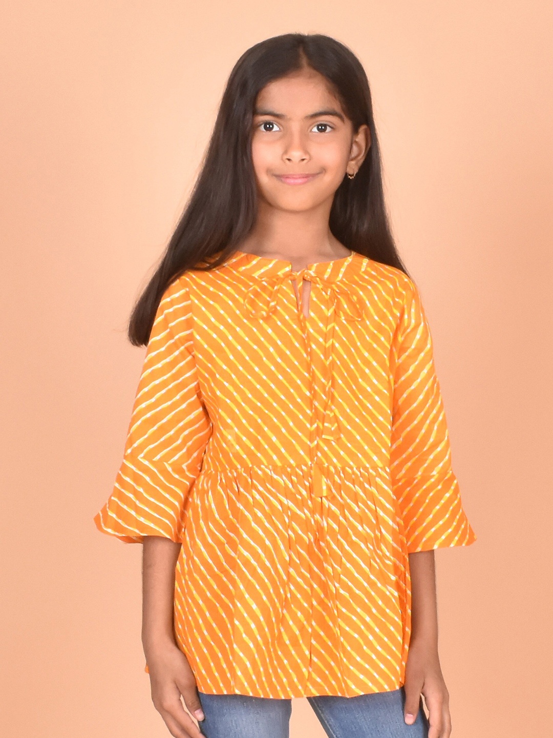 

misbis Girl's Striped Printed Keyhole Neck Bell Sleeves Tie-Ups Cotton Top, Orange