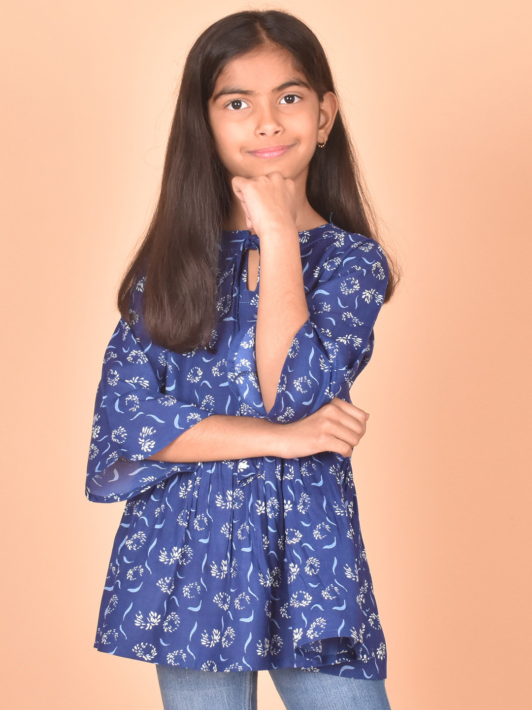 

misbis Printed Tie-Up Neck Bell Sleeve Flared hem Cotton Peplum Top, Blue