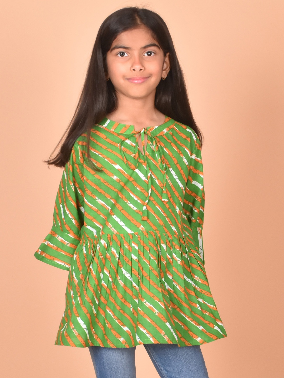 

misbis Printed Tie-Up Neck Bell Sleeve Flared hem Cotton Top, Green