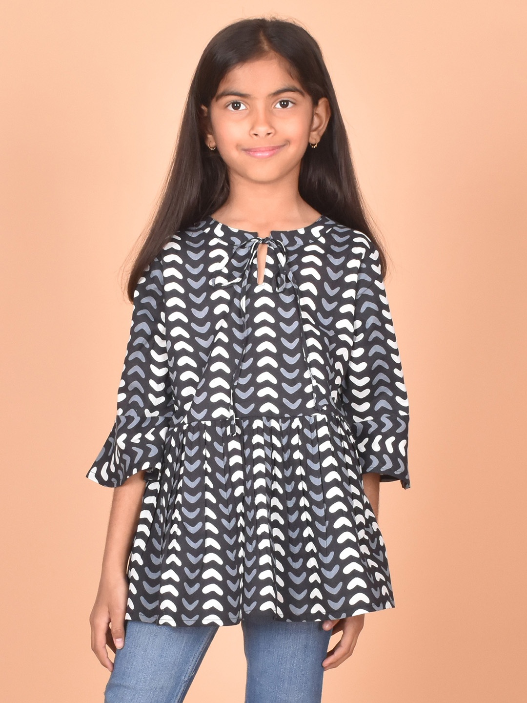 

misbis Girls Geometric Print Tie Up Neck Cotton Top, Black
