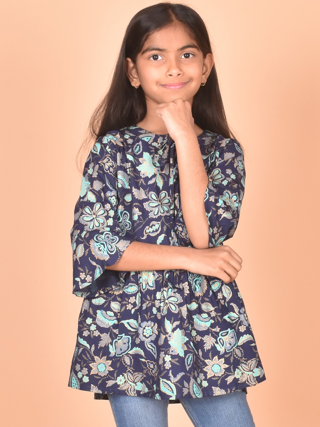 

misbis Girls Floral Printed Tie-Up Neck Top, Blue