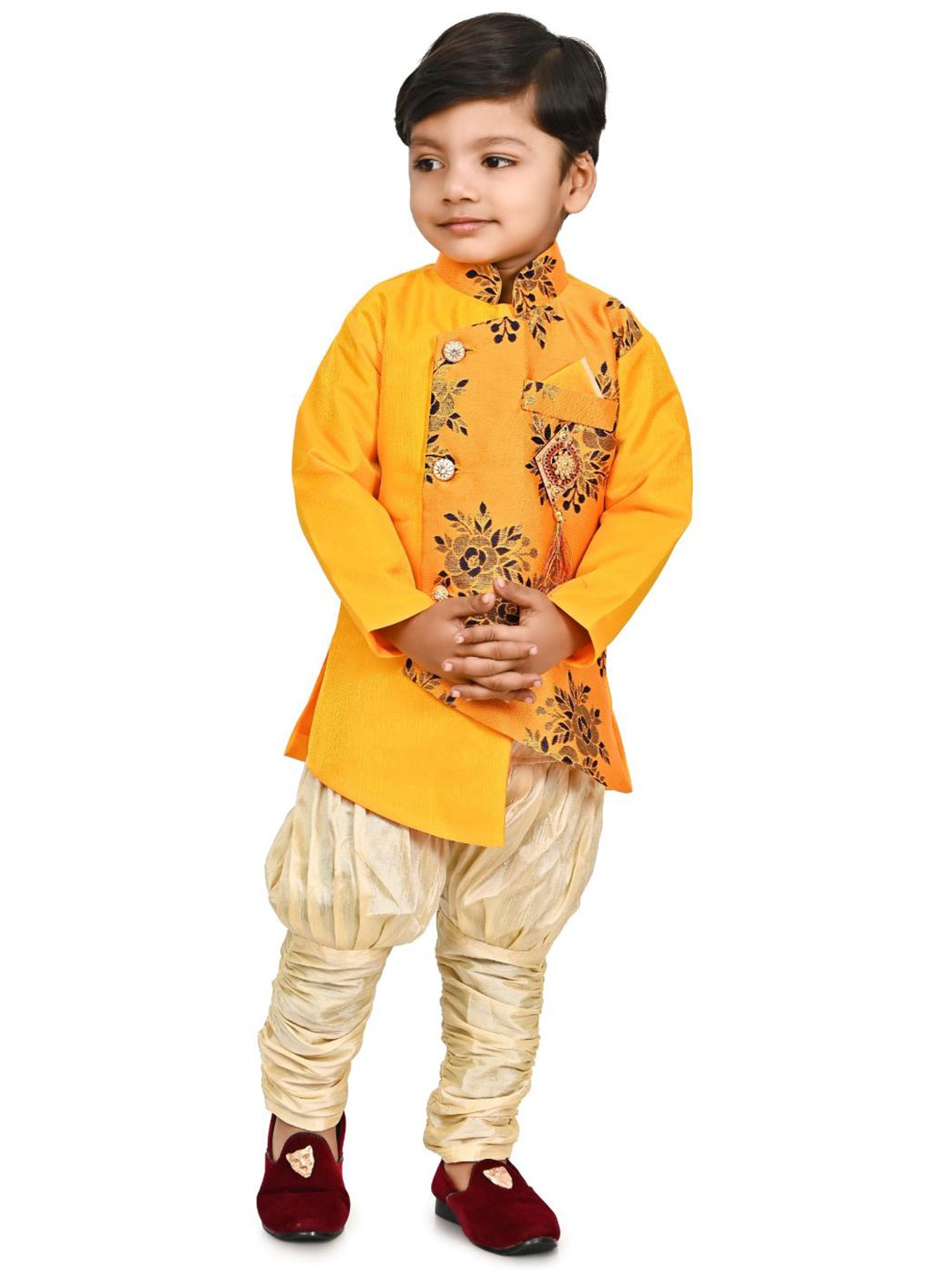 

BAESD Boys Floral Printed Mandarin Collar Regular Kurta with Pyjamas, Yellow