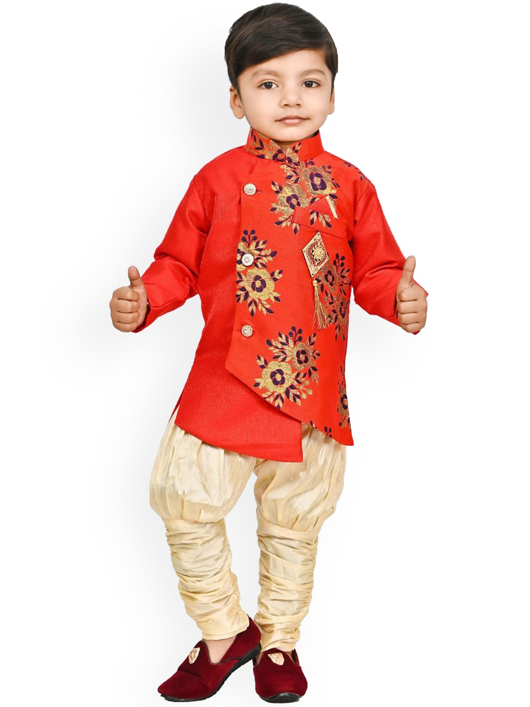 

BAESD Boys Ethnic Motifs Printed Mandarin Collar Straight Kurta With Churidar, Red