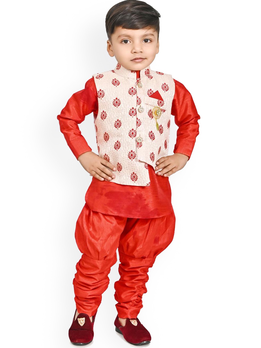 

BAESD Boys Ethnic Motifs Printed Mandarin Collar Pure CottonStraight Kurta With Churidar, Red