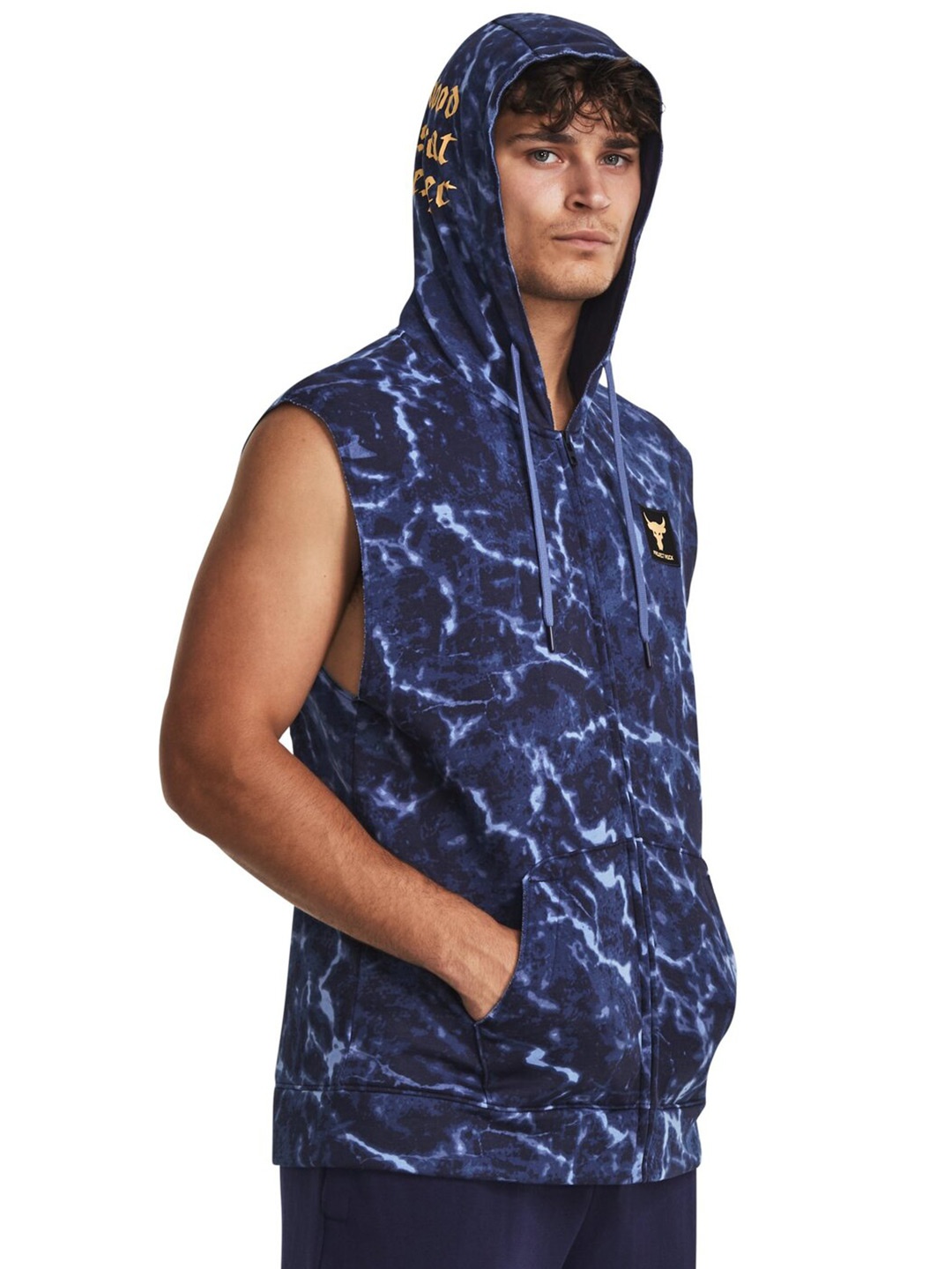 

UNDER ARMOUR Abstract Printed Project Rock Rival Sleeveless Full-Zip Hooded Sweatshirt, Navy blue