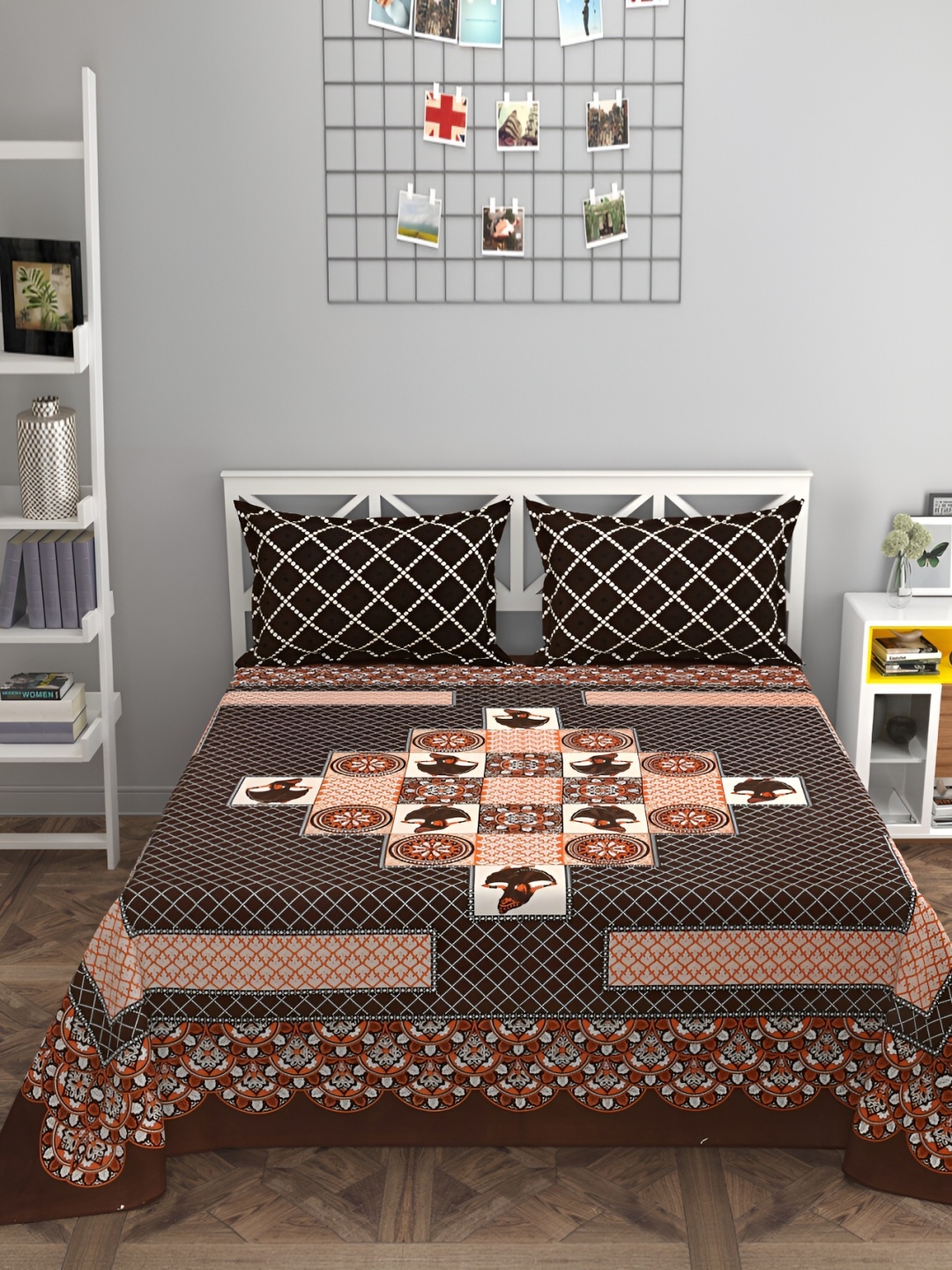 

HOMECRUST Coffee Brown & Geometric 300 TC Queen Bedsheet with 2 Pillow Covers