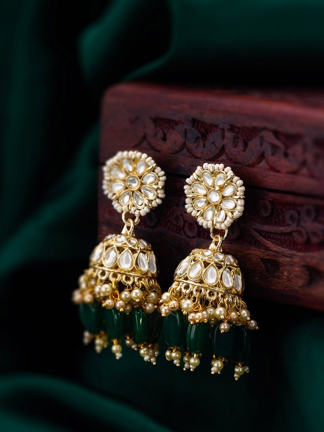

aadita Gold-Plated Stone-Studded & Beaded Contemporary Jhumkas