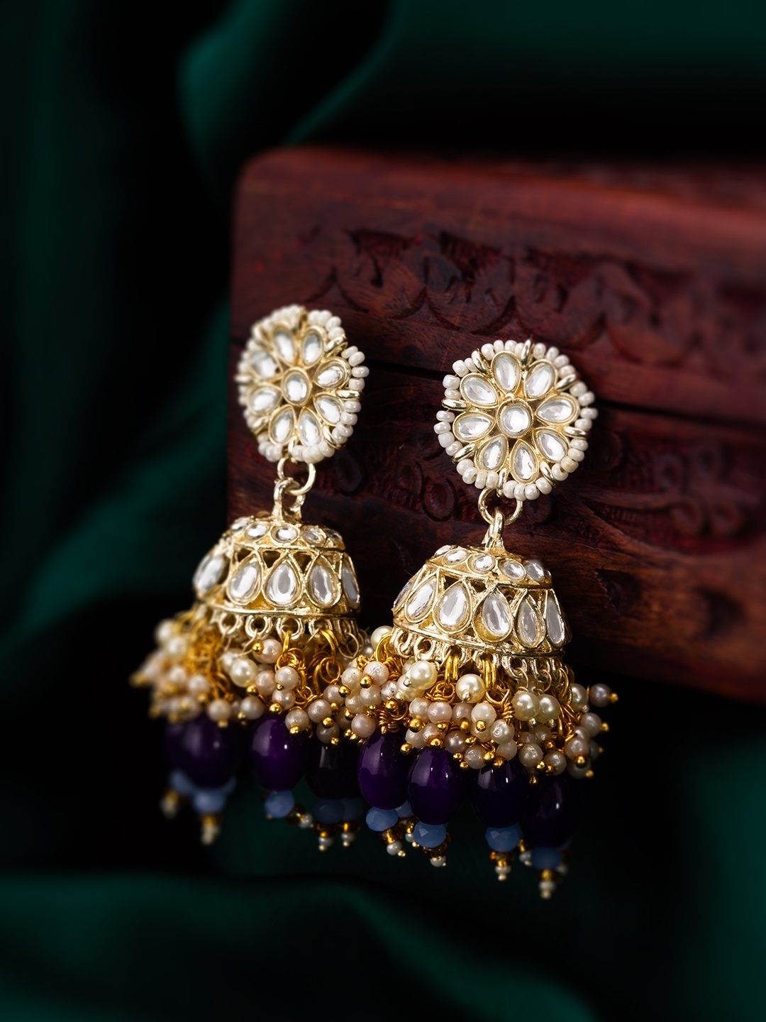 

aadita Gold-Plated Stone-Studded & Beaded Contemporary Jhumkas
