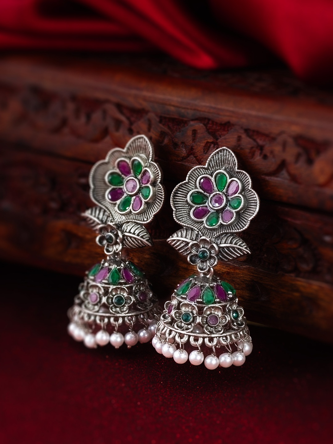 

aadita Gold-Plated Stone-Studded & Beaded Silver Contemporary Jhumkas