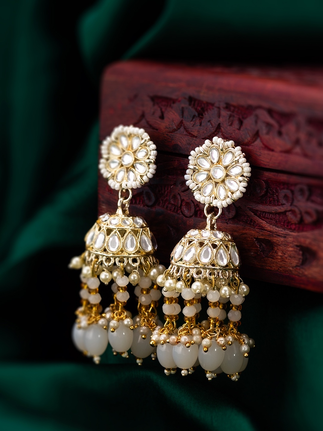 

aadita Gold-Plated Stone-Studded & Beaded Contemporary Jhumkas