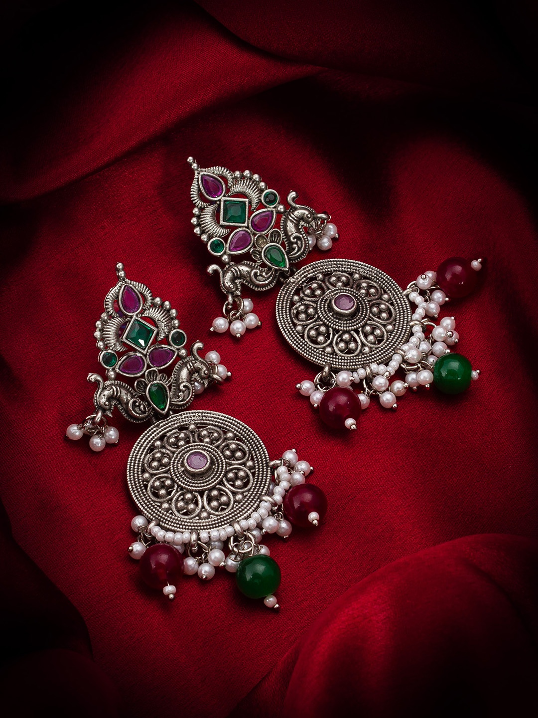

aadita Gold-Plated Stone-Studded & Beaded Silver Contemporary Drop Earrings