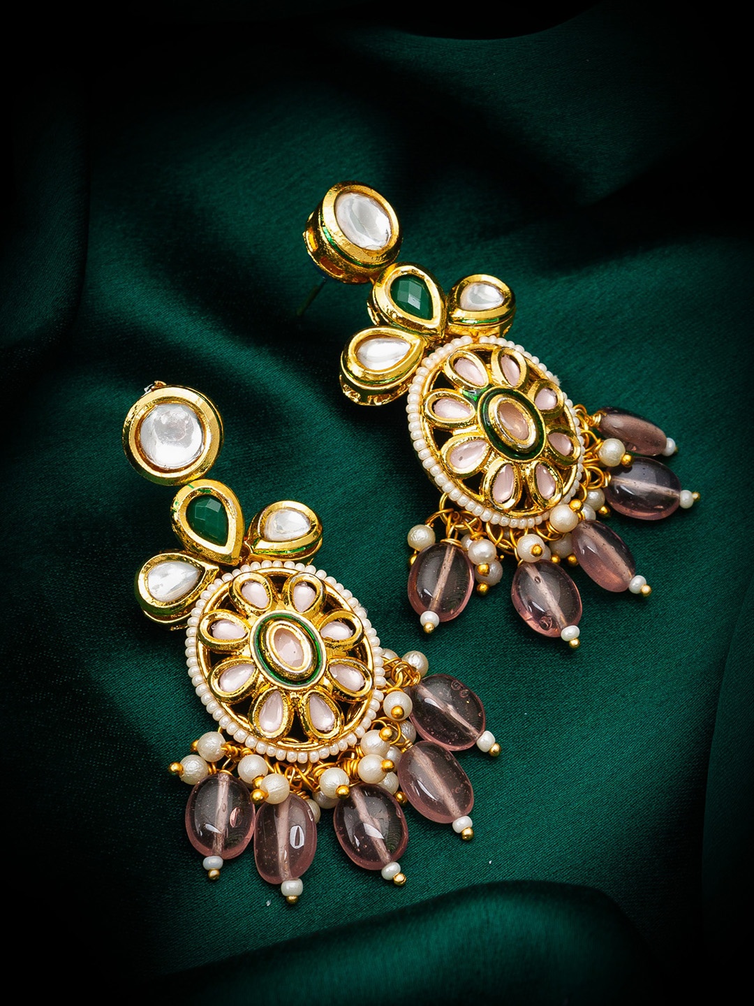 

aadita Gold-Plated Kundan-Studded & Beaded Contemporary Drop Earrings