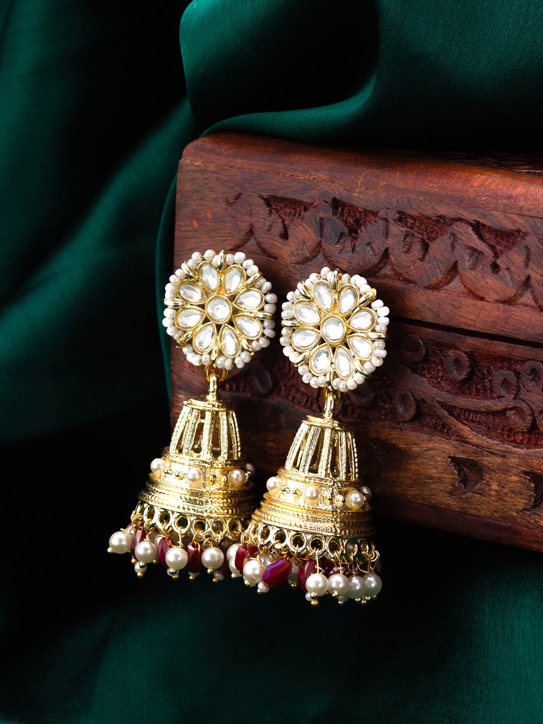 

aadita Gold-Plated Stone-Studded & Beaded Contemporary Jhumkas