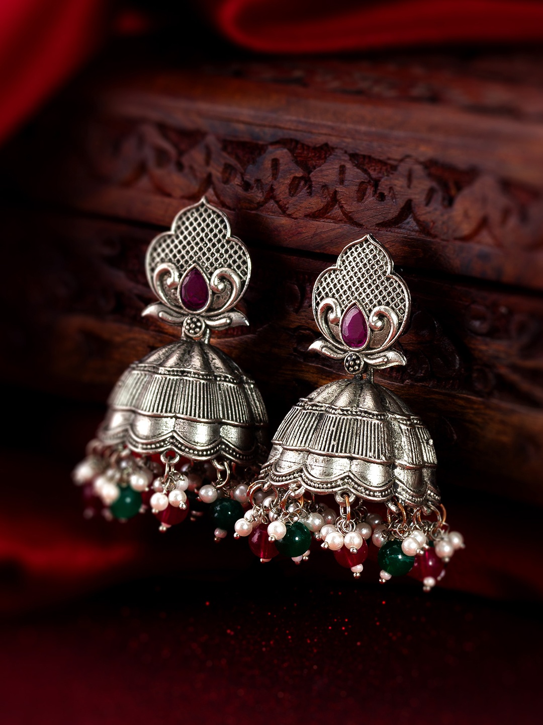 

aadita Gold-Plated Stone-Studded & Beaded Silver Dome Shaped Jhumkas