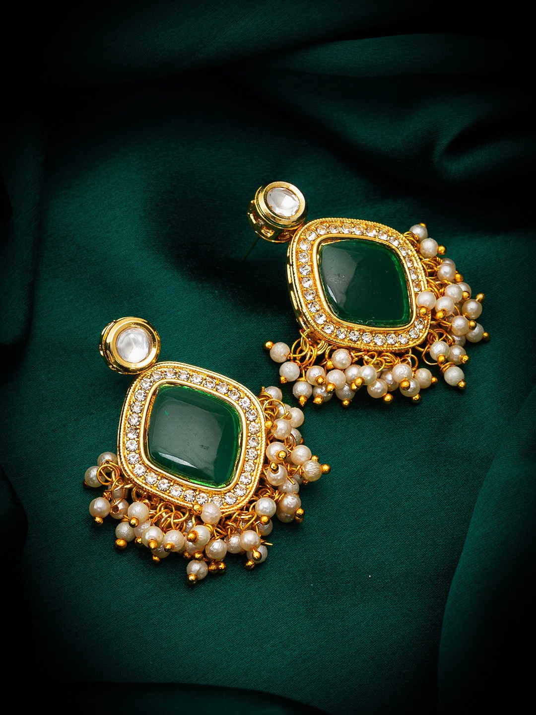 

aadita Gold-Plated Kundan-Studded & Beaded Contemporary Drop Earrings